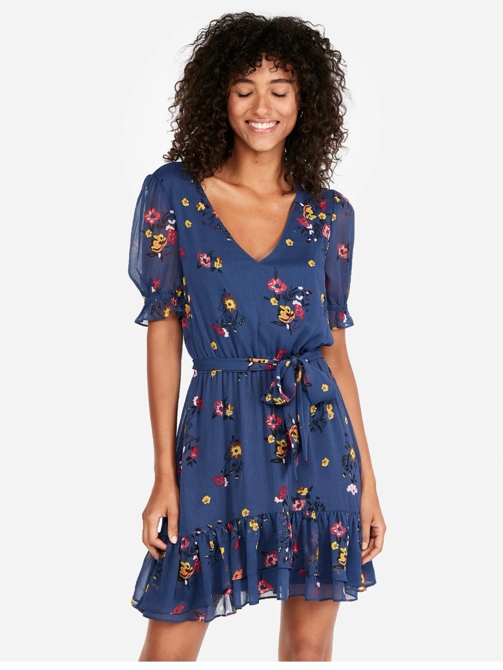 Express Navy Floral V-Neck Tie-Waist Mini Dress Size Small